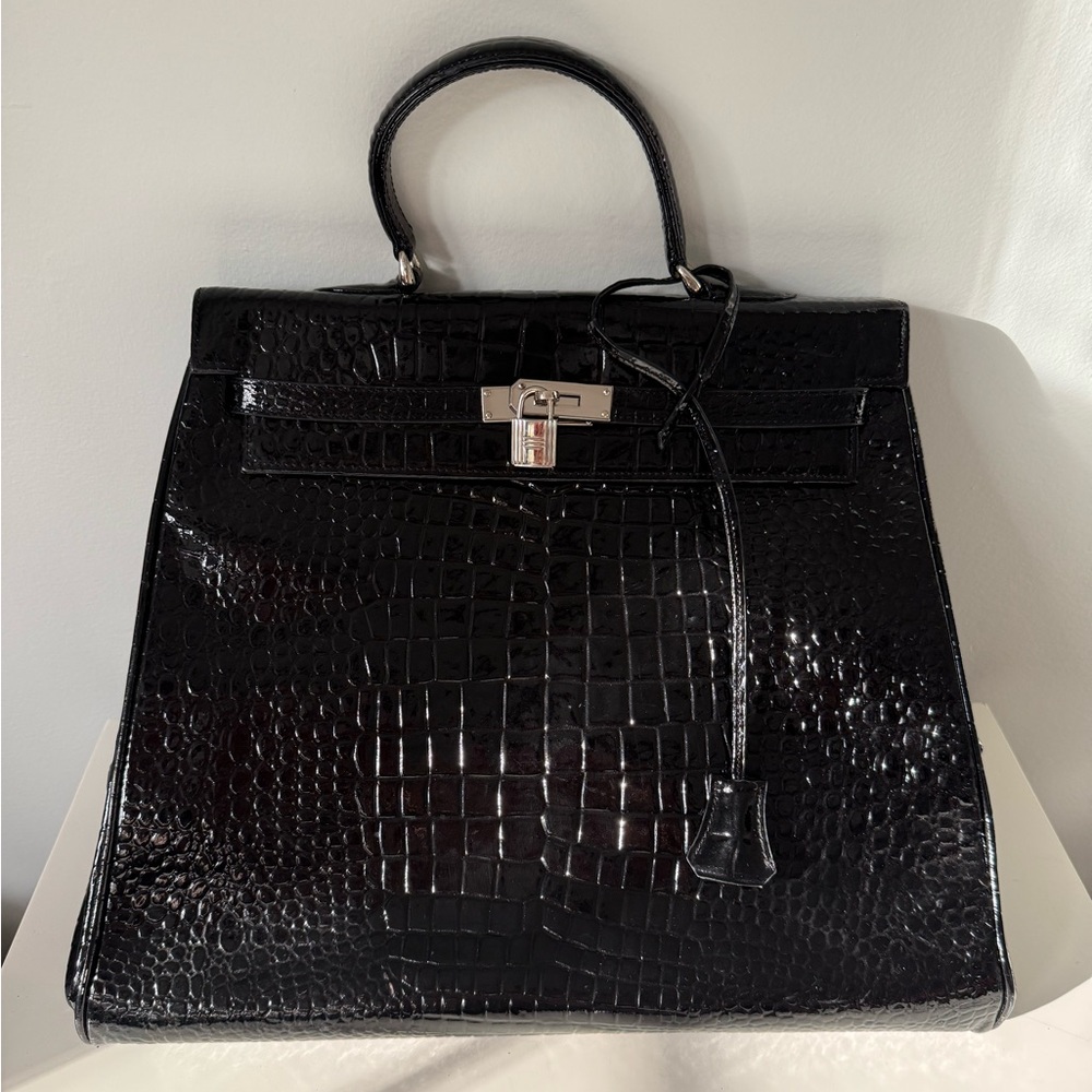 Black Croc-Embossed Top Handle Bag